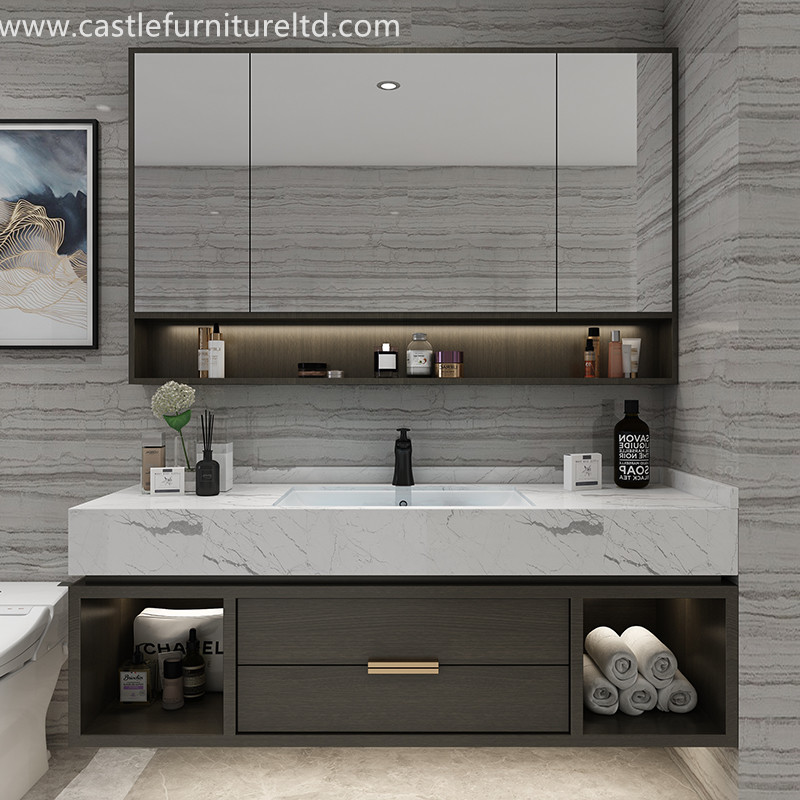 Tölgy tömör kabinet kombinációja Északi egyszerű tömörfa szekrény fürdőszoba intelligens tükör fürdőszoba mosdógurló színpadon márvány mosdó